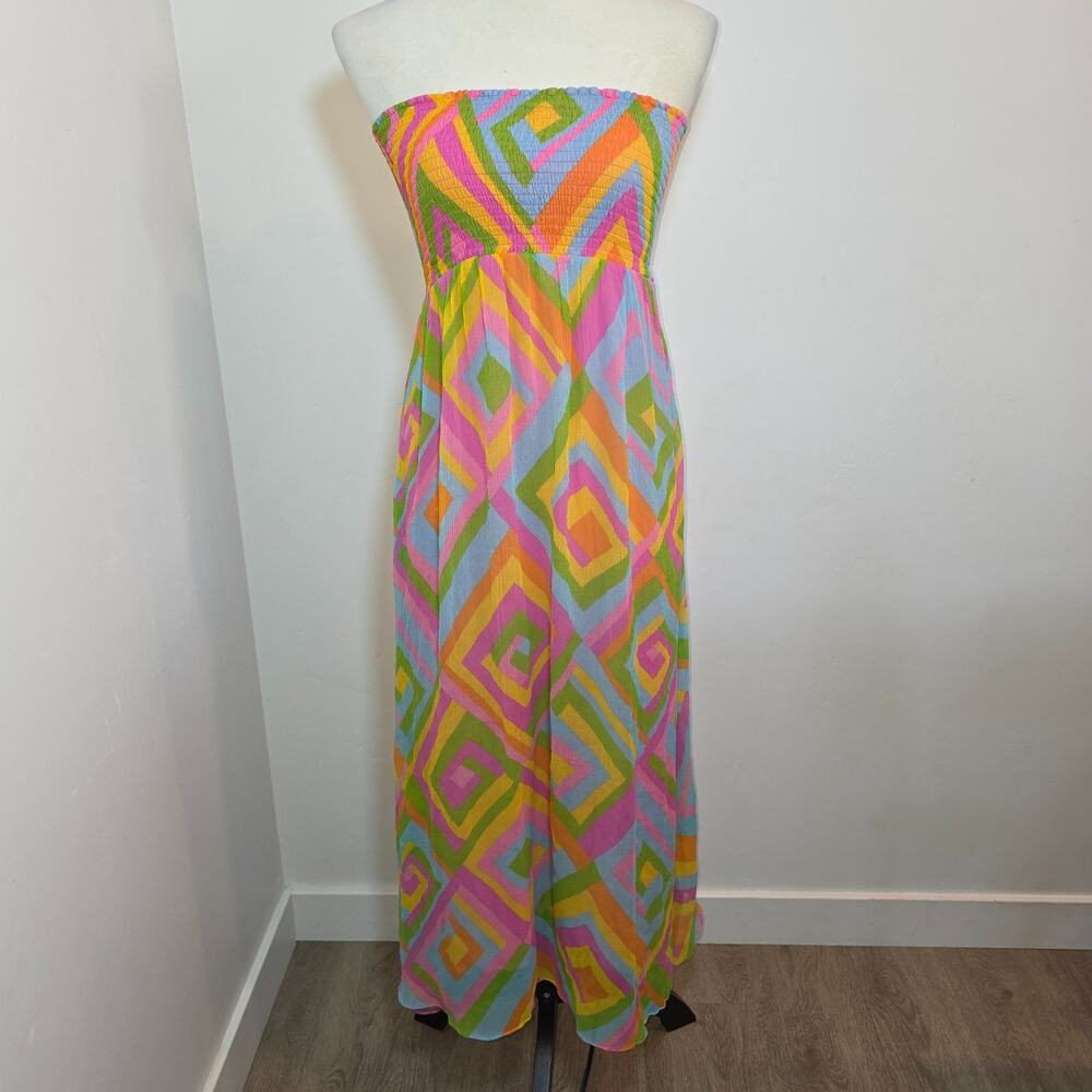 Vintage Strapless Silk Maxi Dress Multicolor Geometric Print Size XS Beach Party - Picture 2 of 8